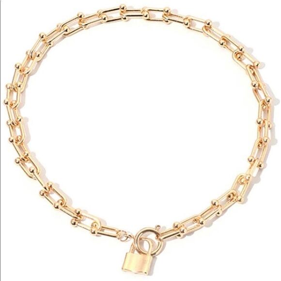 NEW CHUNKY GOLD CHAIN LOCK CHOKER NECKLACE - Picture 4 of 4